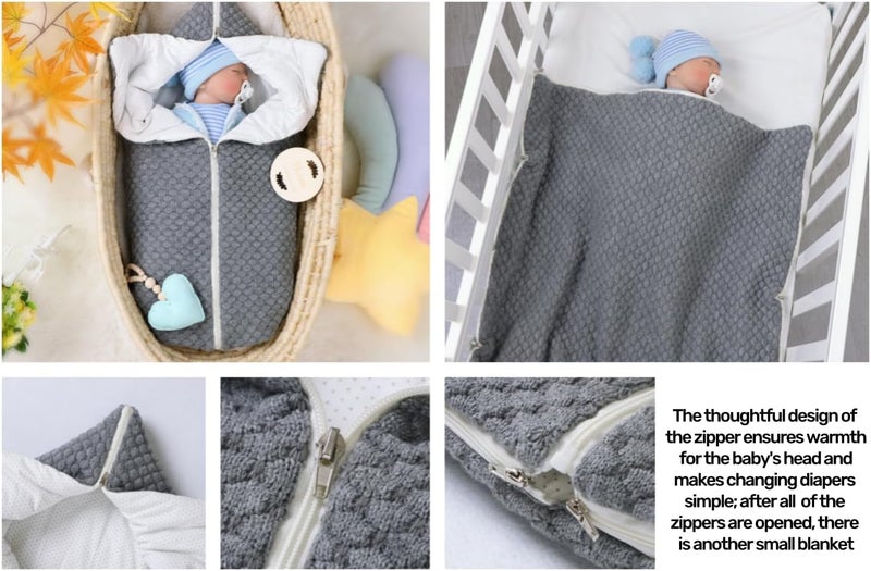 LLmoway Baby Infant Swaddle Blanket Knit Sleeping Bag Receiving Blankets Stroller Wrap for Newborn Boys Girls 0-12Months Grey - Image 3